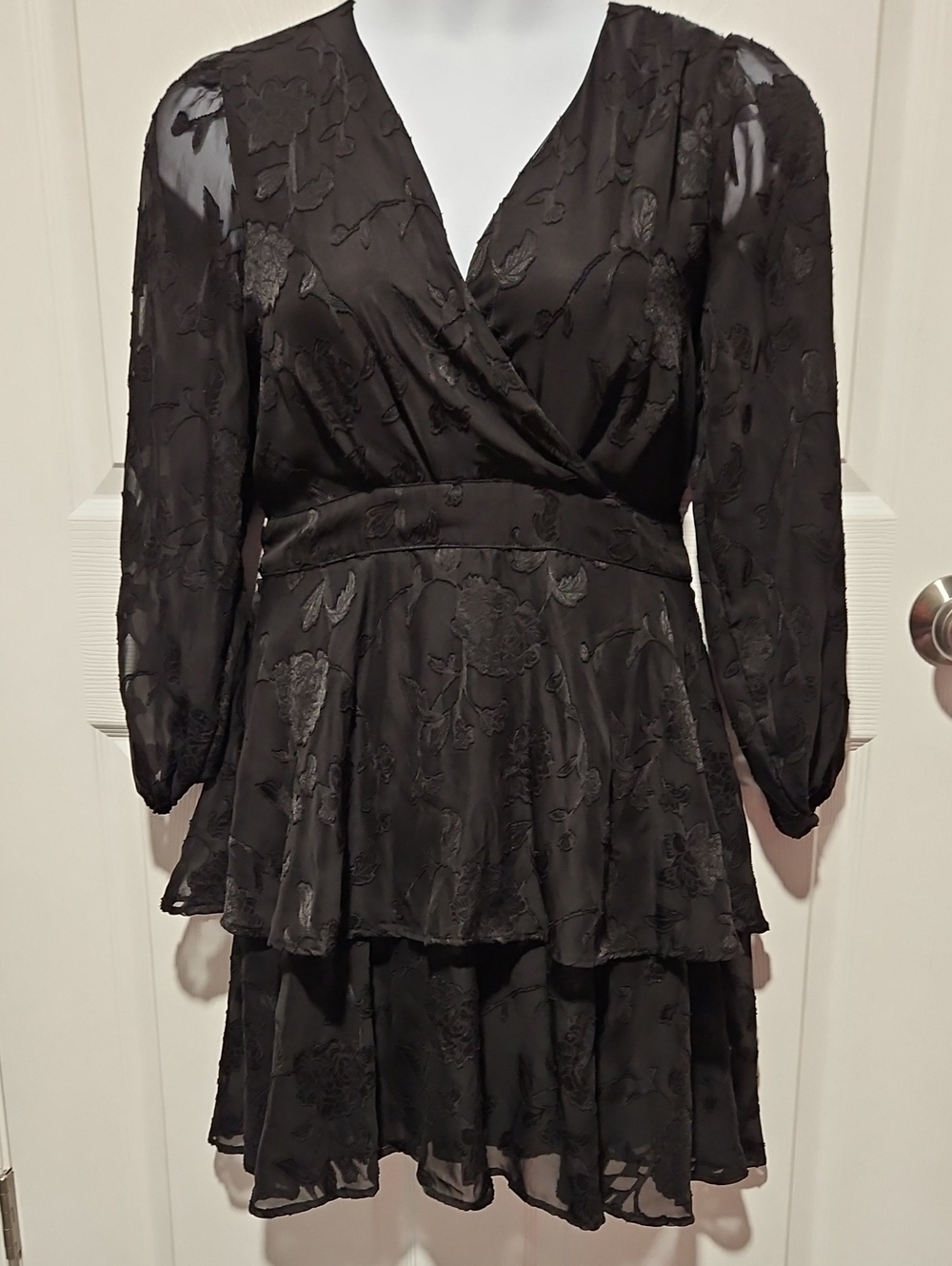 Maurices Black Floral Textured Long-Sleeve Tiered Dress
